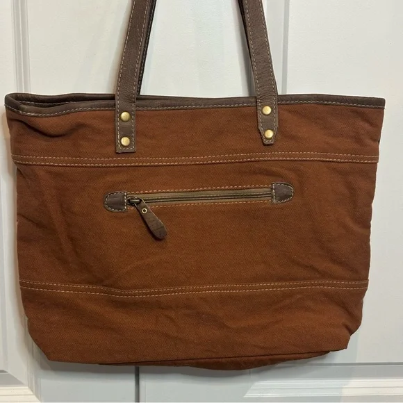 Myra Bag Brick Brown Leather Red Tan Embroidered Cotton Canvas Tote - Picture 6 of 11